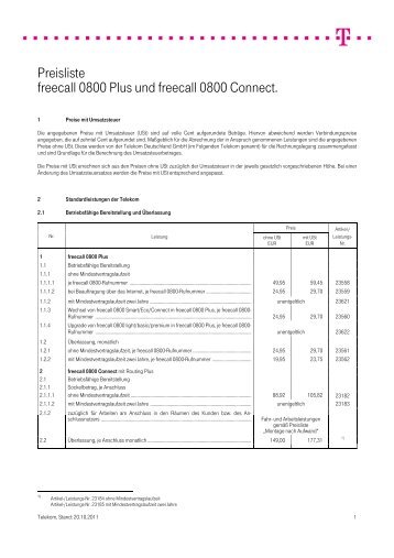 Preisliste freecall 0800 Plus und freecall 0800 Connect.