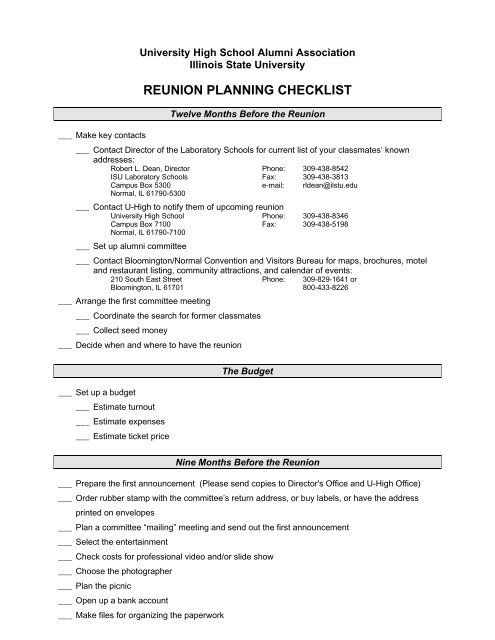 Reunion Planning Checklist University High School Illinois State Reunion Planning Checklist University High School Illinois State