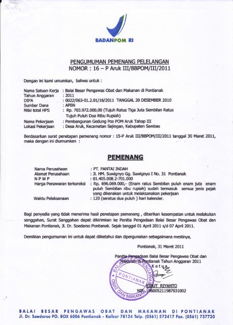 BAI.AI BESAR PENGAWAS OBAT DAN MAKANAN DI PONTIANAK /Q'l