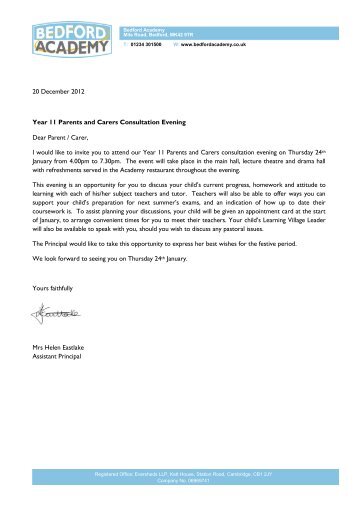 Yr11 Parent Evening Letter - Bedford Academy