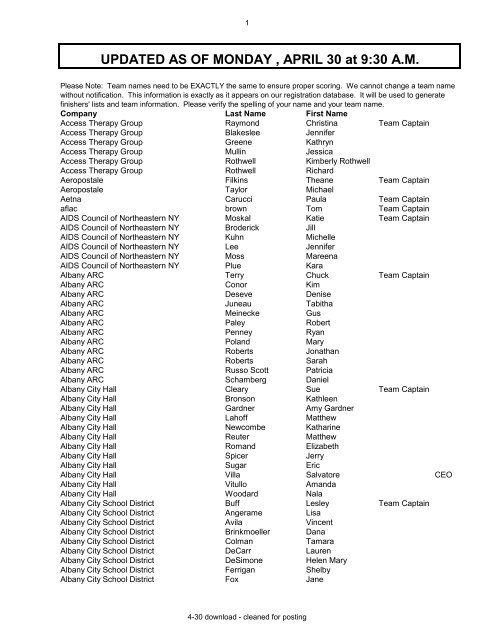 UPDATED AS OF MONDAY , APRIL 30 at 9:30 A.M.