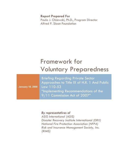 Framework for Voluntary Preparedness - Association of Contingency ...