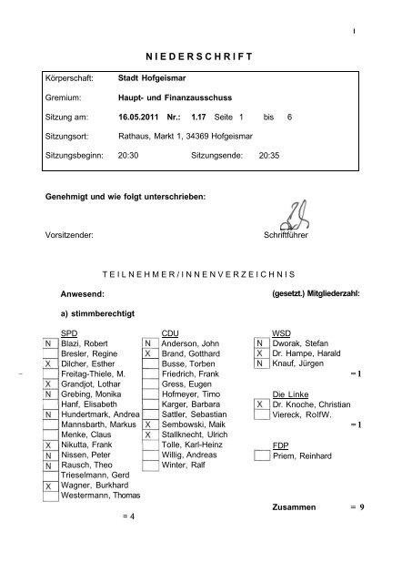 NIEDERSCHRIFT - WSD Hofgeismar