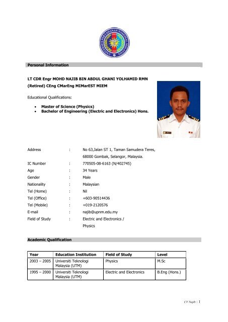 Personal Information LT CDR Engr MOHD NAJIB BIN ABDUL ...