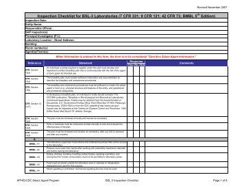 Inspection Checklist for BSL-3 Laboratories - Select Agent Program