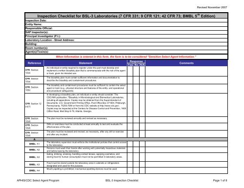 Inspection Checklist for BSL-3 Laboratories - Select Agent Program