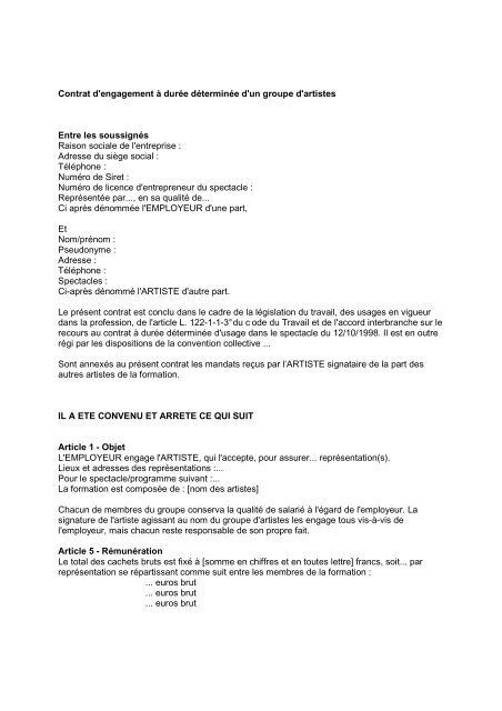 Contrat D Engagement A Dura C E Da C Termina C E D Un Groupe La