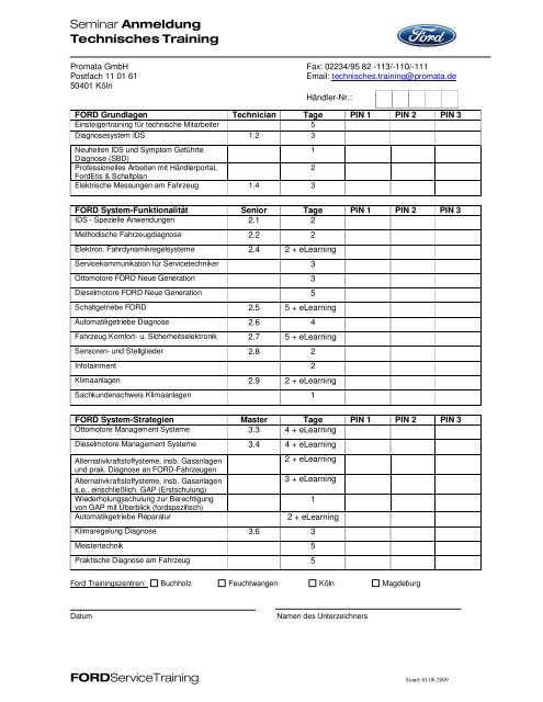 Seminar Anmeldung Technisches Training - Ford Trainingszentren