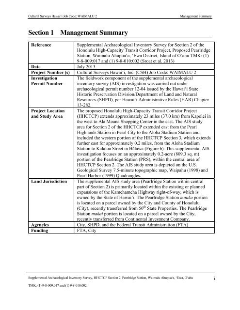 Draft Supplemental AIS Report Kamehameha Highway Guideway