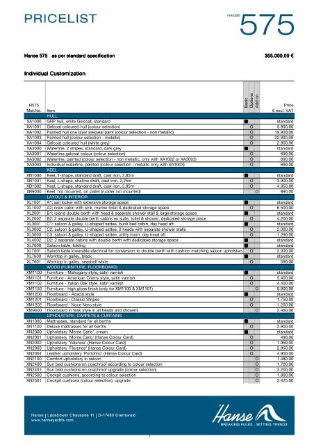 hanse yachts price list