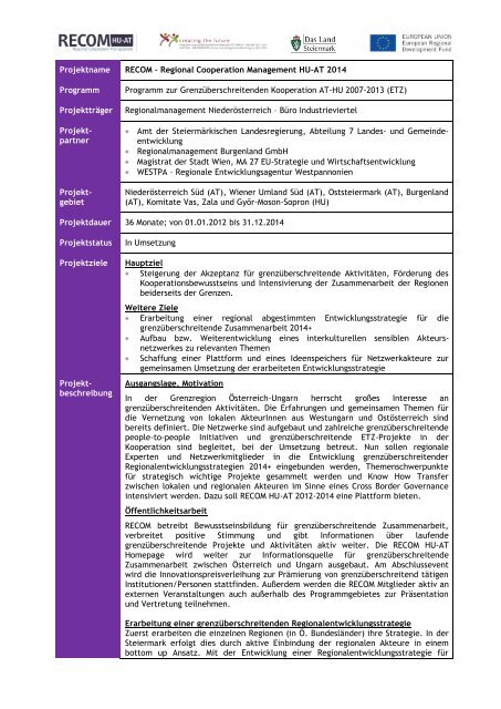 Projektdatenblatt RECOM HUAT 2014+ - Raumplanung Steiermark