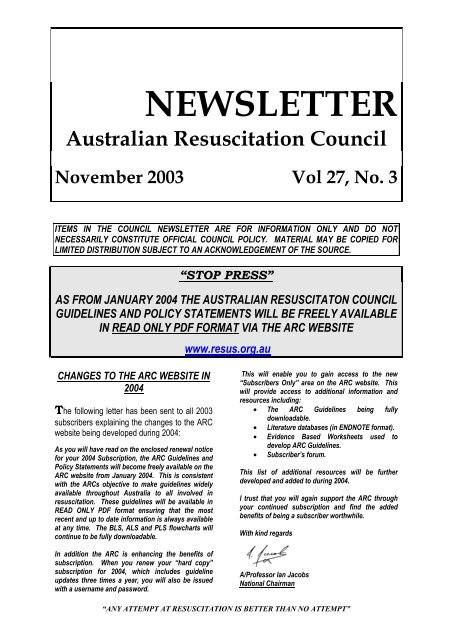 Newsletter November 2003 - Australian Resuscitation Council