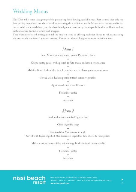 Wedding Menus - Nissi Beach Resort