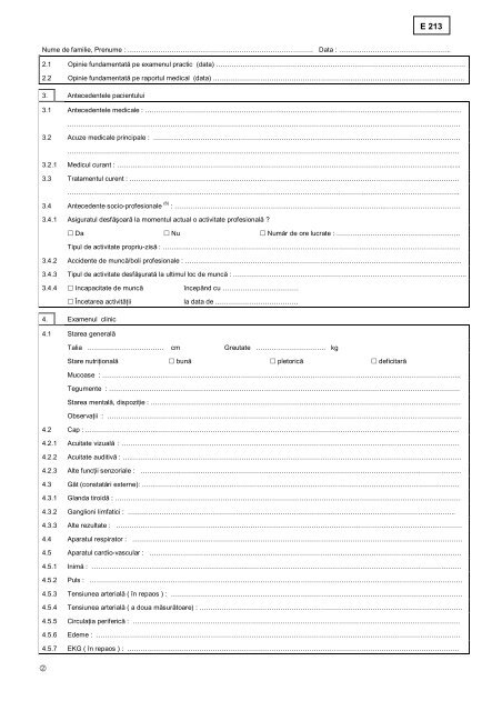 Formular E 213 - Raport medical detaliat