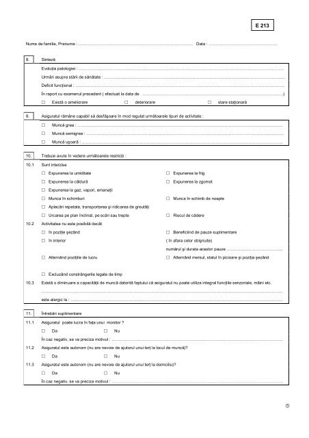 Formular E 213 - Raport medical detaliat