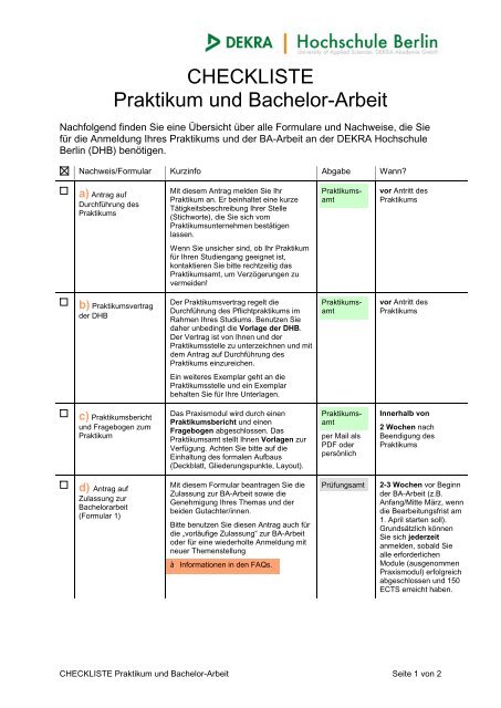 j - Checkliste Praktikum BA-Arbeit - DEKRA Hochschule Berlin