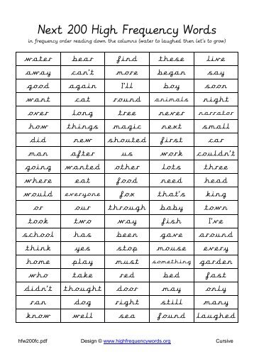 Next 200 High Frequency Words - Cursive