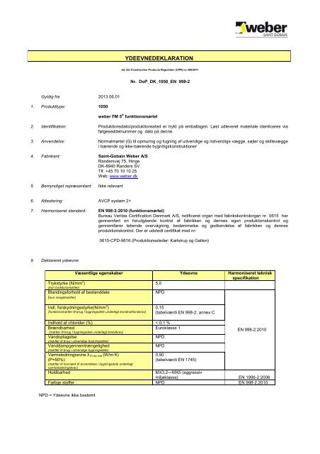 Ydeevnedeklaration (DoP) - Weber