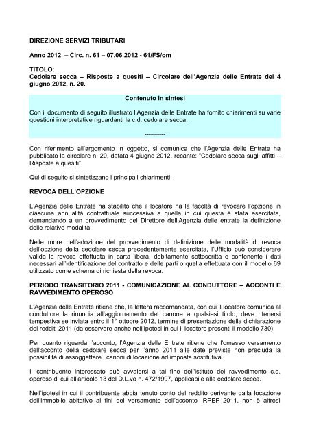 Cedolare Secca â Risposte A Quesiti Unione Del Commercio