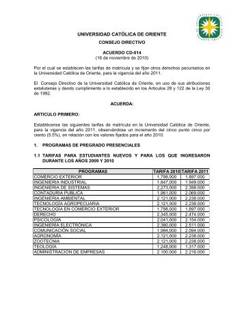 Tarifas de MatrÃ­cula 2011. Acuerdo CD-014-2010 - UCO