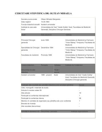 cercetare stiintifica dr. oltean mihaela - Universitatea de Vest "Vasile ...
