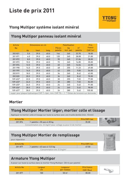 Liste de prix 2011 - Ytong