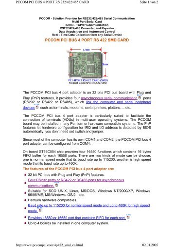 PCCOM PCI BUS 4 PORT RS 422 SMD CARD - Wantronix