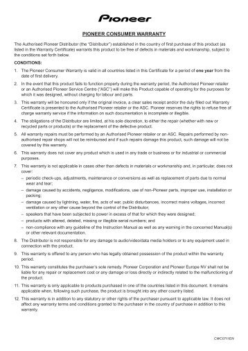 PIONEER CONSUMER WARRANTY - Pioneer Europe