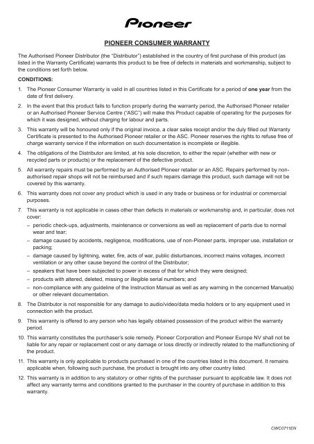 PIONEER CONSUMER WARRANTY - Pioneer Europe