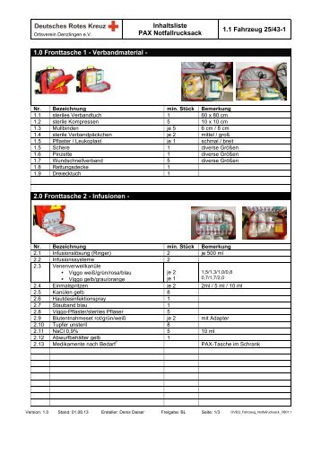 Inhaltsliste PAX Notfallrucksack 1.1 Fahrzeug 25/43-1 1.0 ...