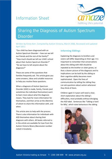 Information Sheet Sharing the Diagnosis of Autism ... - Amaze