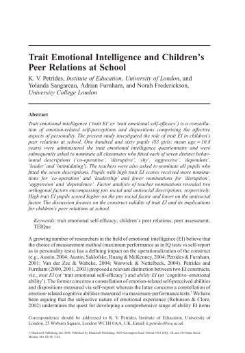 Trait Emotional Intelligence and Children's Peer Relations at School