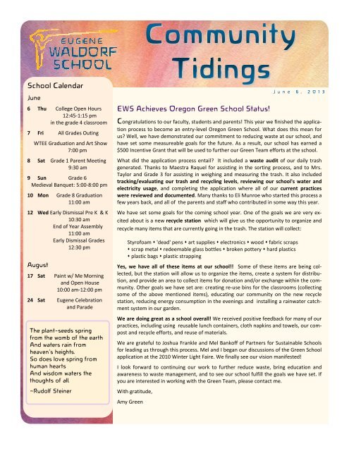 Community Tidings for June 6th, 2013 - Eugene Waldorf School