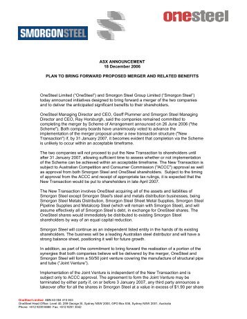 ASX ANNOUNCEMENT 18 December 2006 PLAN TO ... - OneSteel