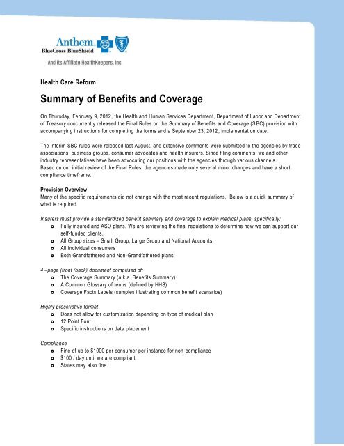 Summary of Benefits and Coverage - Anthem Health Care Reform ...