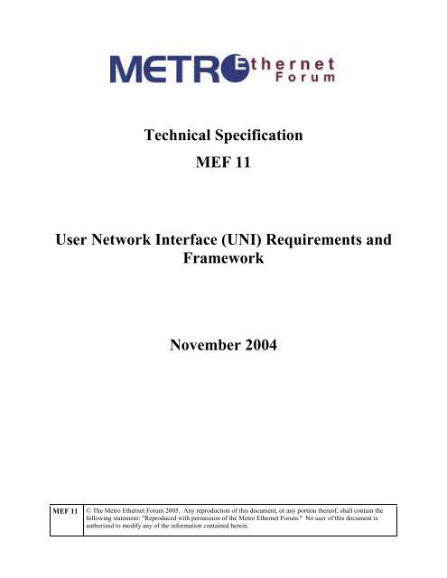 User Network Interface (UNI) Requirements and Framework - MEF