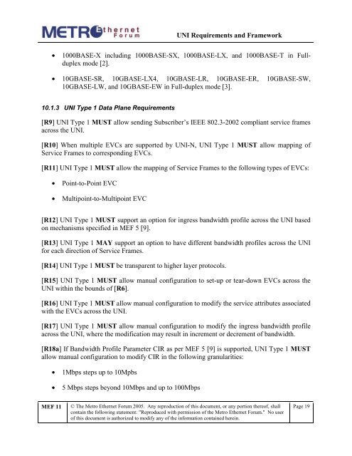 User Network Interface (UNI) Requirements and Framework - MEF