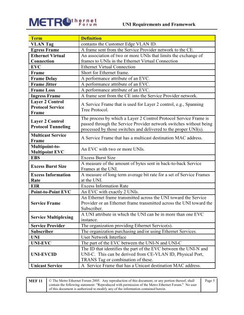 User Network Interface (UNI) Requirements and Framework - MEF