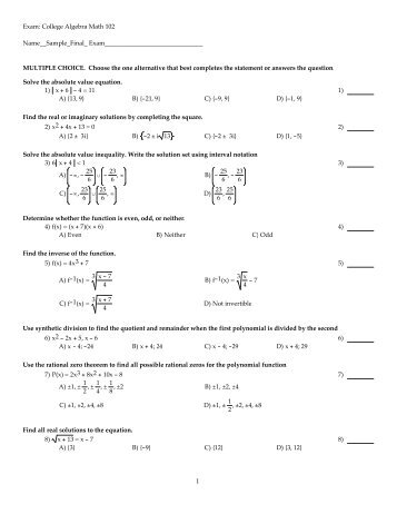 Exam: College Algebra Math 102 Name__Sample_Final_ ...