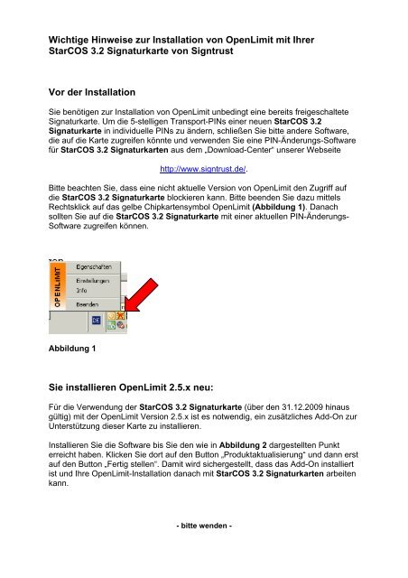 Wichtige Hinweise zur Installation von Openlimit mit Ihrer Starcos ...