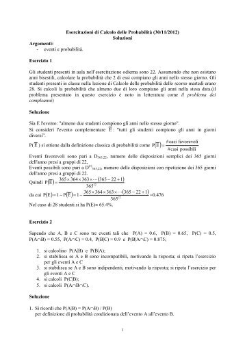 Esercitazioni di Calcolo delle ProbabilitÃ  (30/11/2012) Soluzioni ...