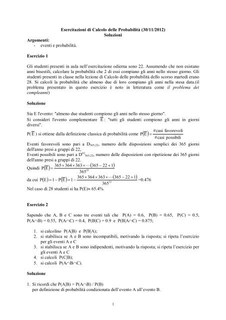 Esercitazioni di Calcolo delle ProbabilitÃ (30/11/2012) Soluzioni ...