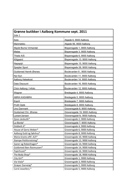 Liste over grÃƒÂ¸nne butikker i Aalborg, september 2011