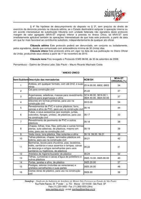 Protocolo ICMS 128/2010 - Siamfesp