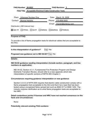 NFPA 805 Transition Pilot Plant FAQ 06-0022, Revision 3. 3-20-09 ...