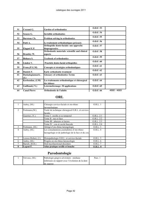 Catalogue des ouvrages - FacultÃ© de Medecine Dentaire de Monastir