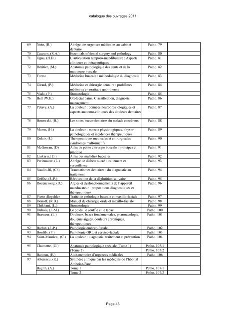 Catalogue des ouvrages - FacultÃ© de Medecine Dentaire de Monastir