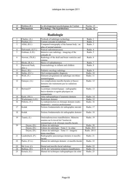 Catalogue des ouvrages - FacultÃ© de Medecine Dentaire de Monastir