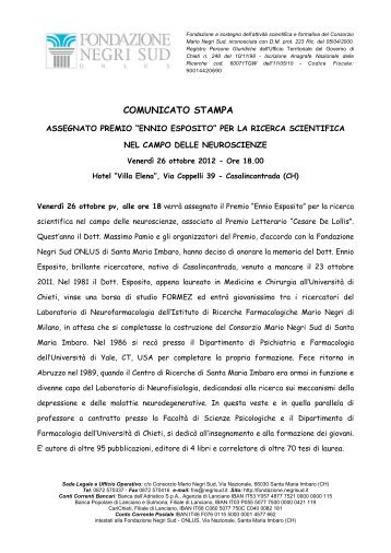 comunicato stampa - Fondazione Negri Sud ONLUS - Consorzio ...