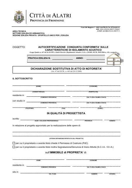 Autocertificazione ConformitÃ  Isolamento acustico - Comune di Alatri